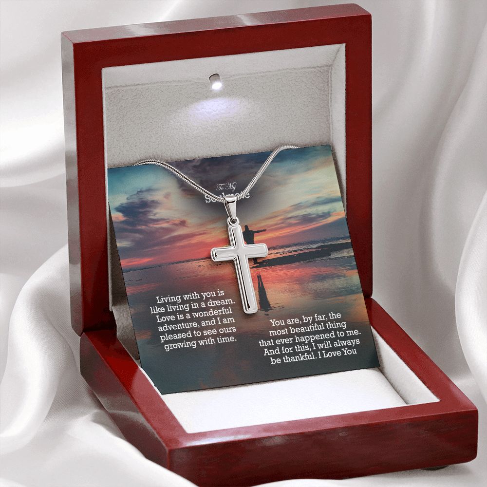 To My Soulmate, Love Is A Wonderful Adventure, & I Am Pleased To See Ours Growing With Time - Stainless Cross Necklace with Message Card - Gift for Him