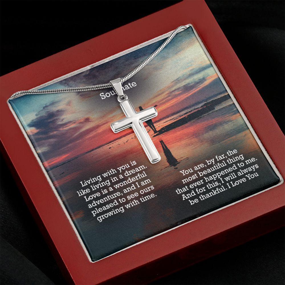 To My Soulmate, Love Is A Wonderful Adventure, & I Am Pleased To See Ours Growing With Time - Stainless Cross Necklace with Message Card - Gift for Him