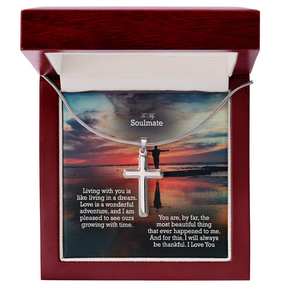 To My Soulmate, Love Is A Wonderful Adventure, & I Am Pleased To See Ours Growing With Time - Stainless Cross Necklace with Message Card - Gift for Him