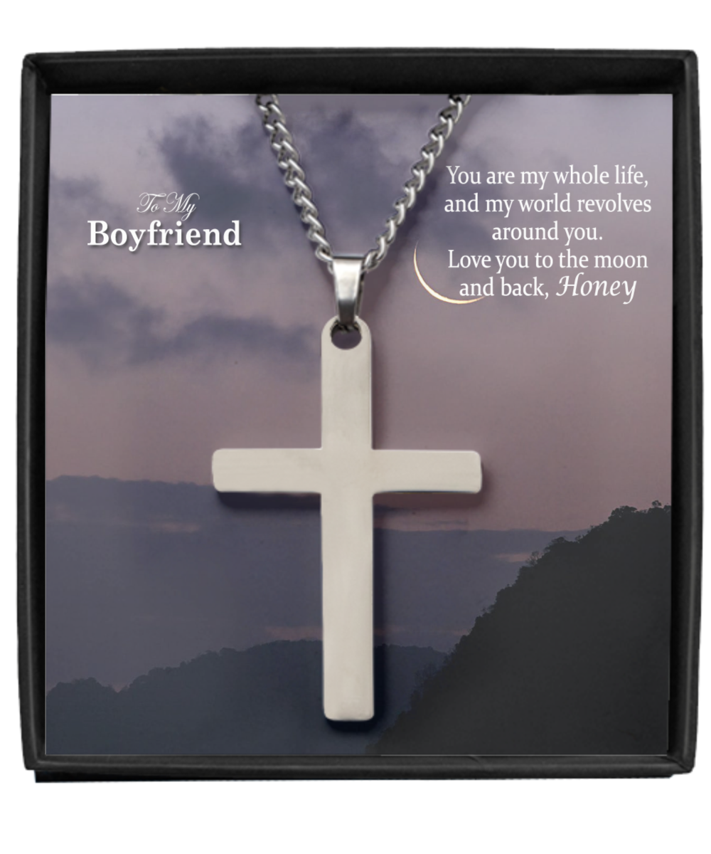 To My Boyfriend - Love You To The Moon & Back - Brass Cross Necklace - Gift for Boyfriend